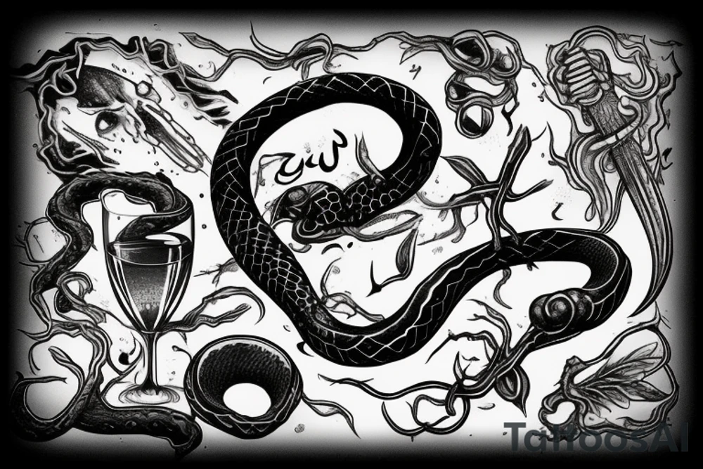 Snake, dagger, glass of wine, drop of blood tattoo idea