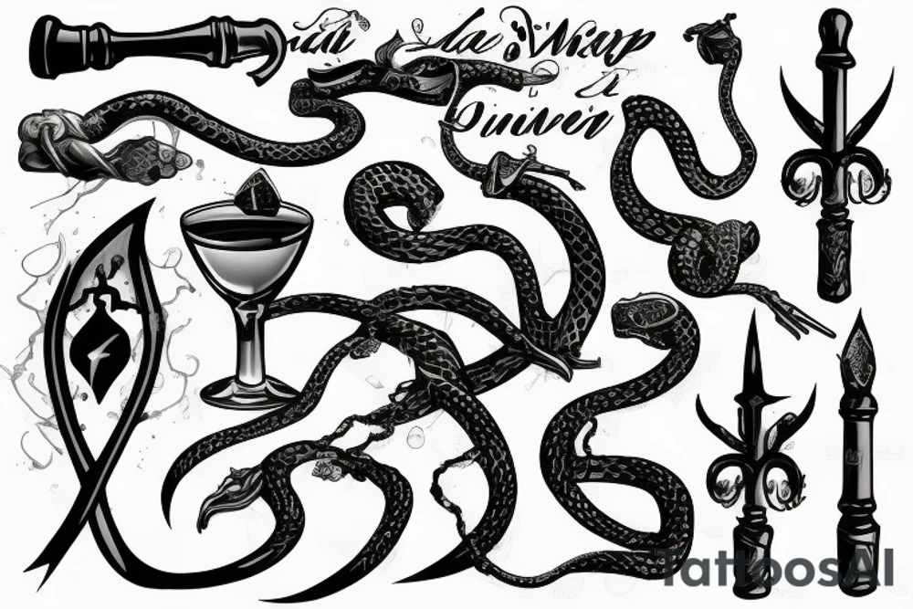Snake, dagger, glass of wine, drop of blood tattoo idea