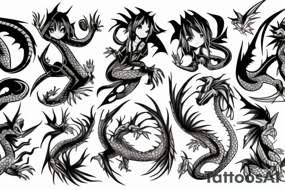 Dragons and anime girl tattoo idea