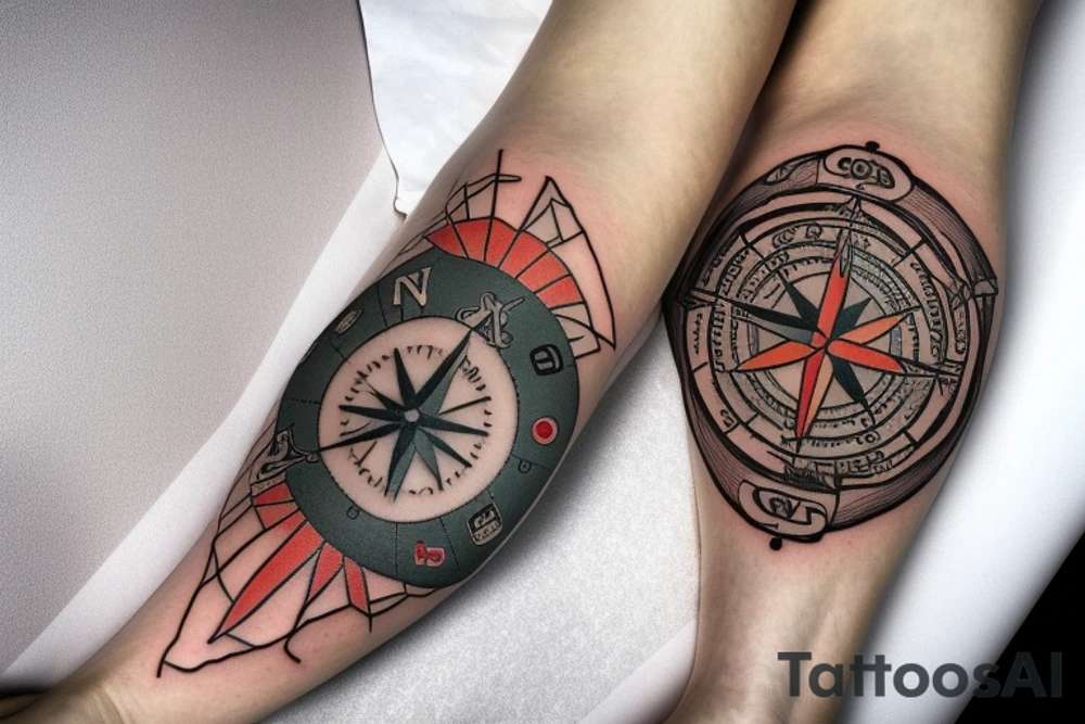 calf patch tattoo, lighthouse with a compass in the background tattoo idea