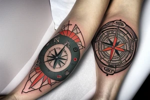 calf patch tattoo, lighthouse with a compass in the background tattoo idea