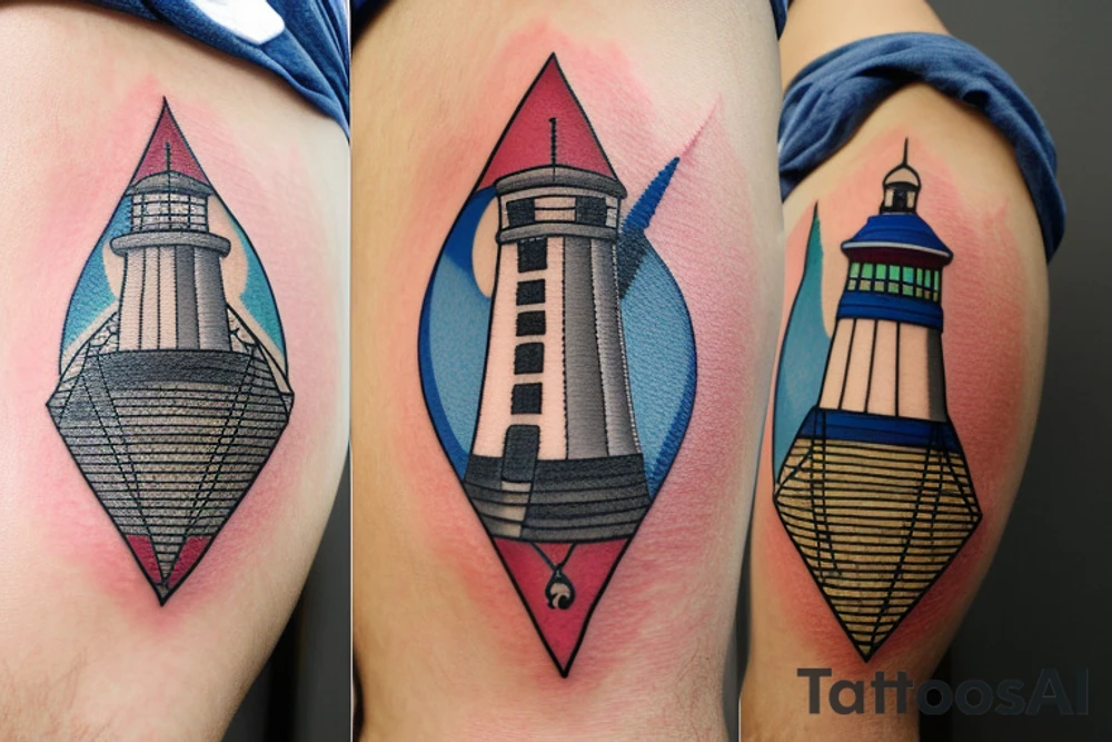 calf patch tattoo, lighthouse with a compass in the background tattoo idea