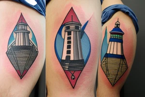 calf patch tattoo, lighthouse with a compass in the background tattoo idea