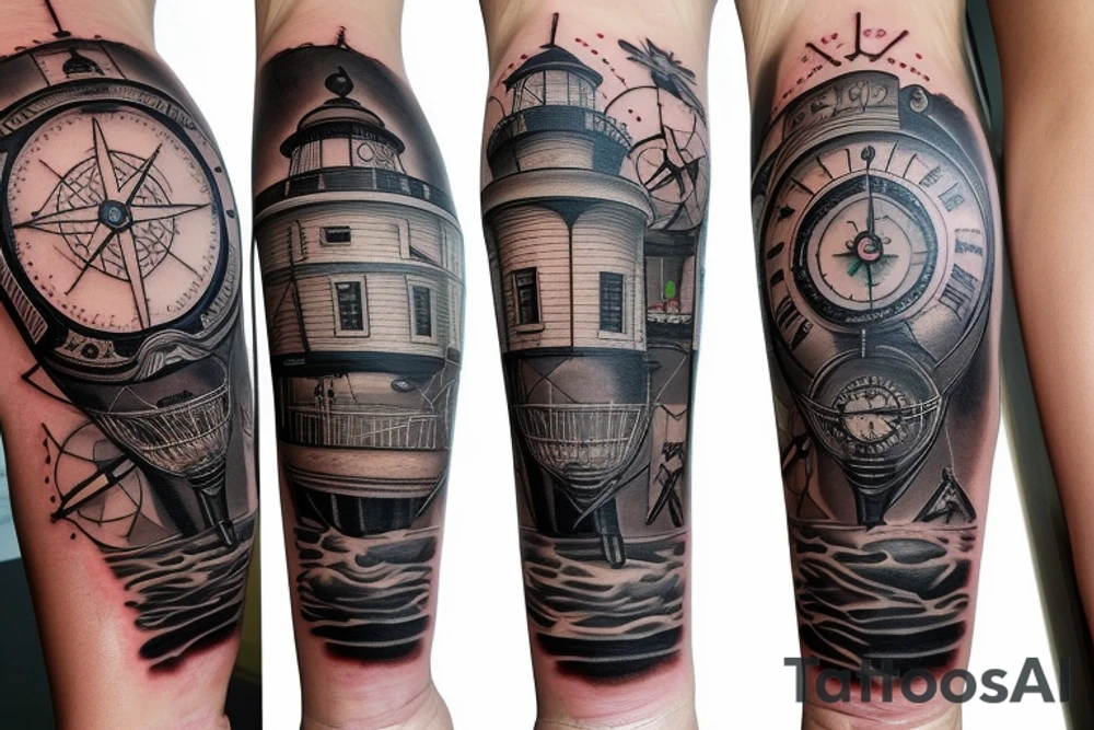 calf patch tattoo, lighthouse with a compass tattoo idea