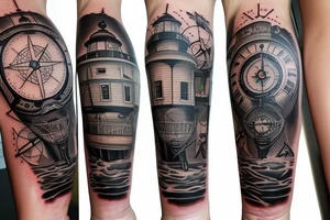 calf patch tattoo, lighthouse with a compass tattoo idea