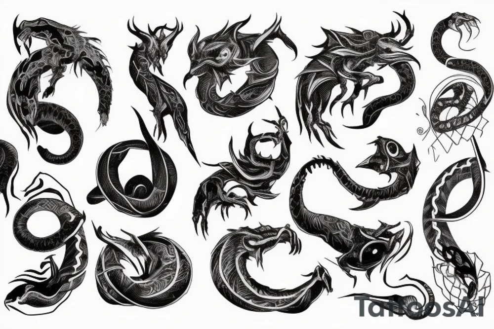 **ouroboros, tattoo sketch, sketch, thin lines, black and white with light shadows, white background tattoo idea