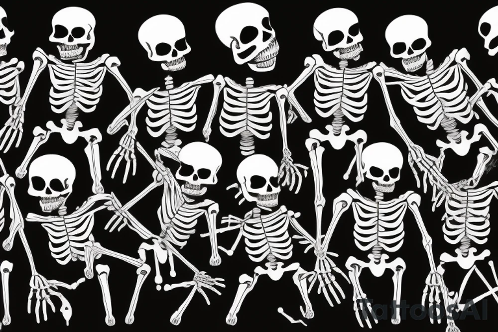 dance of six skeletons around a fire.  the first skeleton is a banker, the second is a criminal, the third is a taxi driver, the fourth is a deputy, the fifth is a rich man, and the sixth is a teacher. tattoo idea