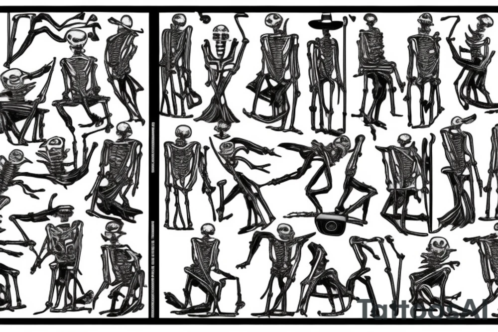 dance of six skeletons around a fire.  the first skeleton is a banker, the second is a criminal, the third is a taxi driver, the fourth is a deputy, the fifth is a rich man, and the sixth is a teacher. tattoo idea