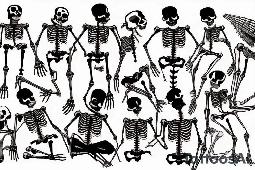 dance of six skeletons around a fire.  the first skeleton is a banker, the second is a criminal, the third is a taxi driver, the fourth is a deputy, the fifth is a rich man, and the sixth is a teacher. tattoo idea