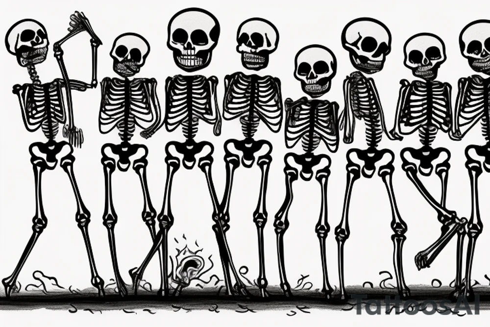 dance of six skeletons around a fire.  the first skeleton is a banker, the second is a criminal, the third is a taxi driver, the fourth is a deputy, the fifth is a rich man, and the sixth is a teacher. tattoo idea