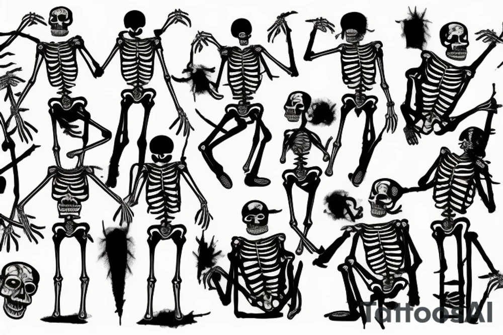 dance of six skeletons around a fire.  the first skeleton is a banker, the second is a criminal, the third is a taxi driver, the fourth is a deputy, the fifth is a rich man, and the sixth is a teacher. tattoo idea