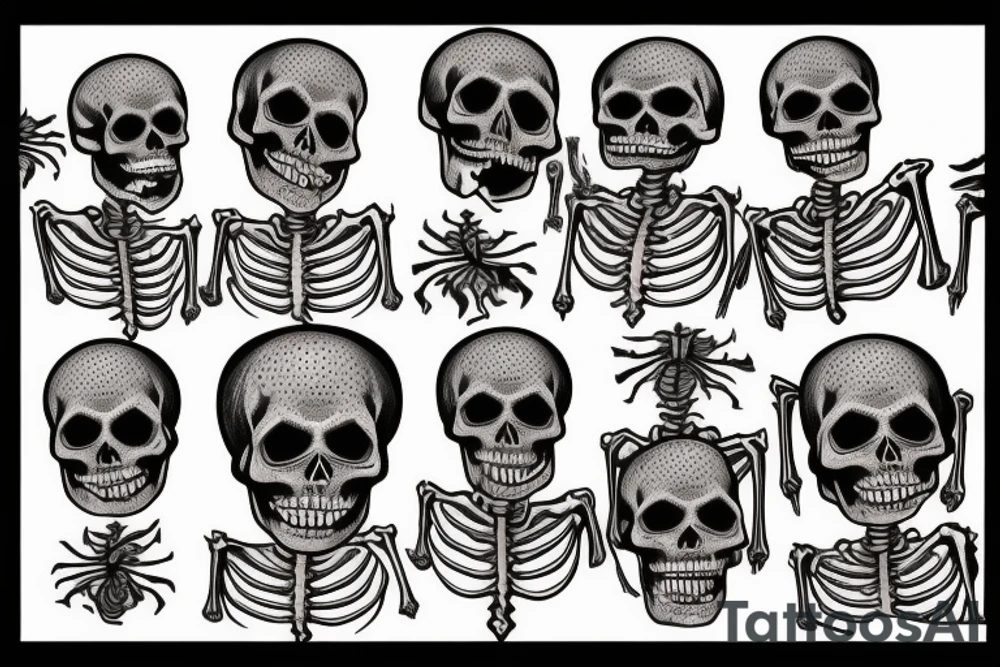 dance of six skeletons around a fire.  the first skeleton is a banker, the second is a criminal, the third is a taxi driver, the fourth is a deputy, the fifth is a rich man, and the sixth is a teacher. tattoo idea