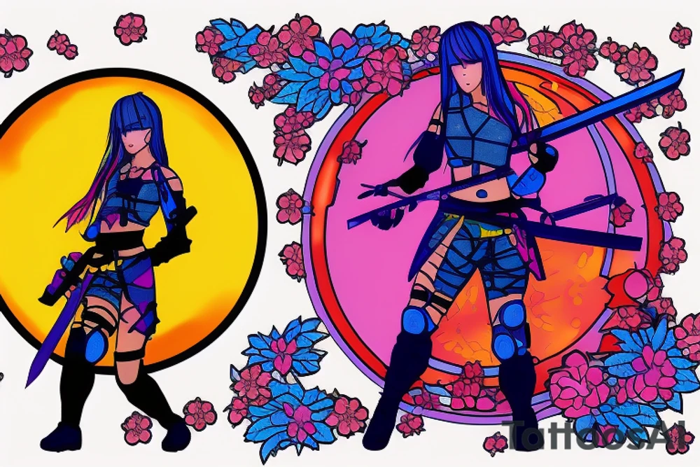 a girl with a blue square in cyberpunk style holds a neon katana in her hand against a sunset background with sakura petals tattoo idea