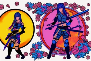 a girl with a blue square in cyberpunk style holds a neon katana in her hand against a sunset background with sakura petals tattoo idea