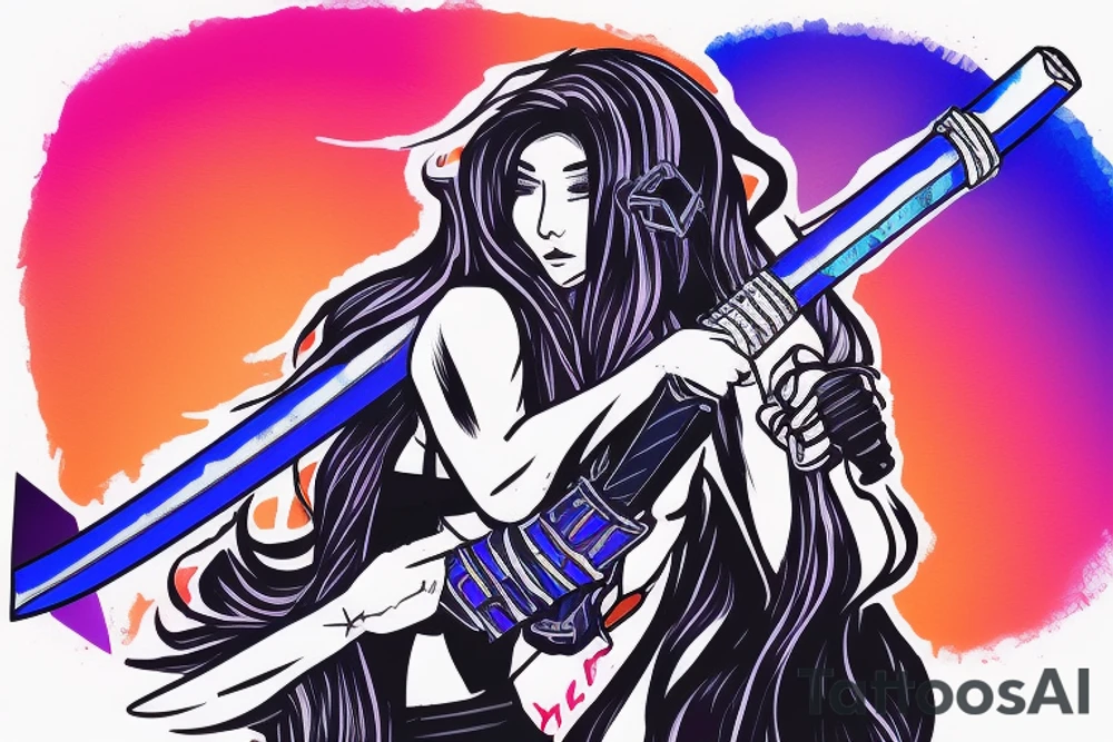 a girl with a blue square in cyberpunk style holds a neon katana in her hand against a sunset background with sakura petals tattoo idea