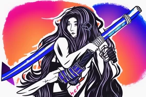 a girl with a blue square in cyberpunk style holds a neon katana in her hand against a sunset background with sakura petals tattoo idea