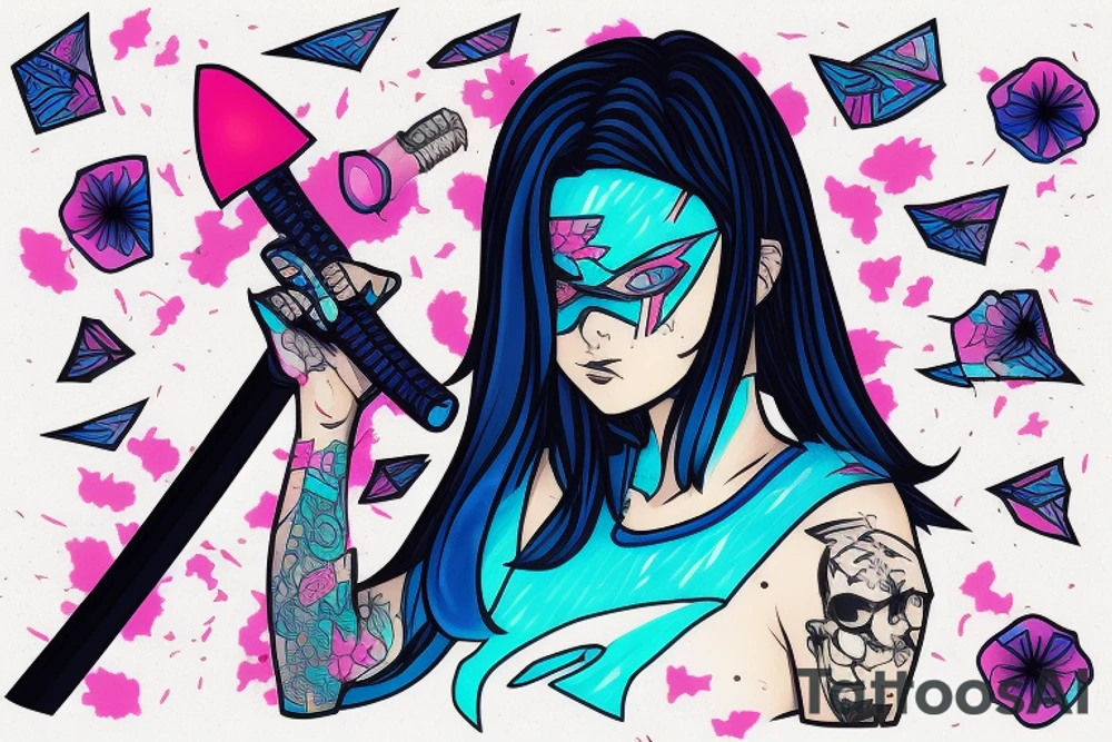 a girl with a blue square in cyberpunk style holds a neon katana in her hand against a sunset background with sakura petals tattoo idea