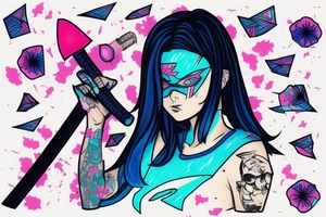 a girl with a blue square in cyberpunk style holds a neon katana in her hand against a sunset background with sakura petals tattoo idea