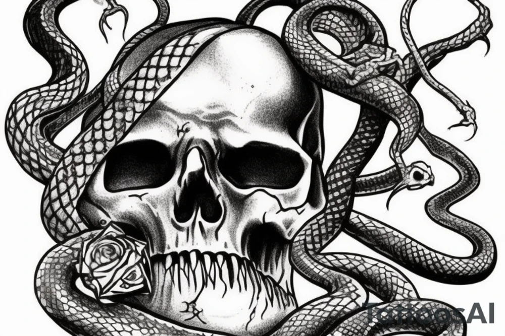 Skull on top and a snake out of his mouth. Below, Hogwarts castle. tattoo idea