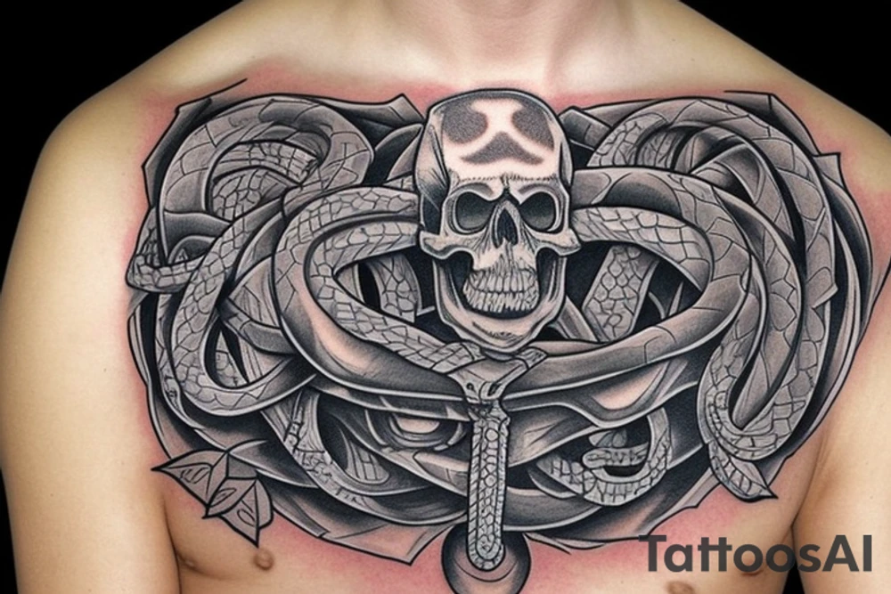 Skull on top and a snake out of his mouth. Below, Hogwarts castle. tattoo idea