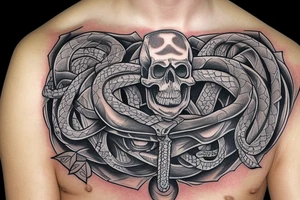 Skull on top and a snake out of his mouth. Below, Hogwarts castle. tattoo idea