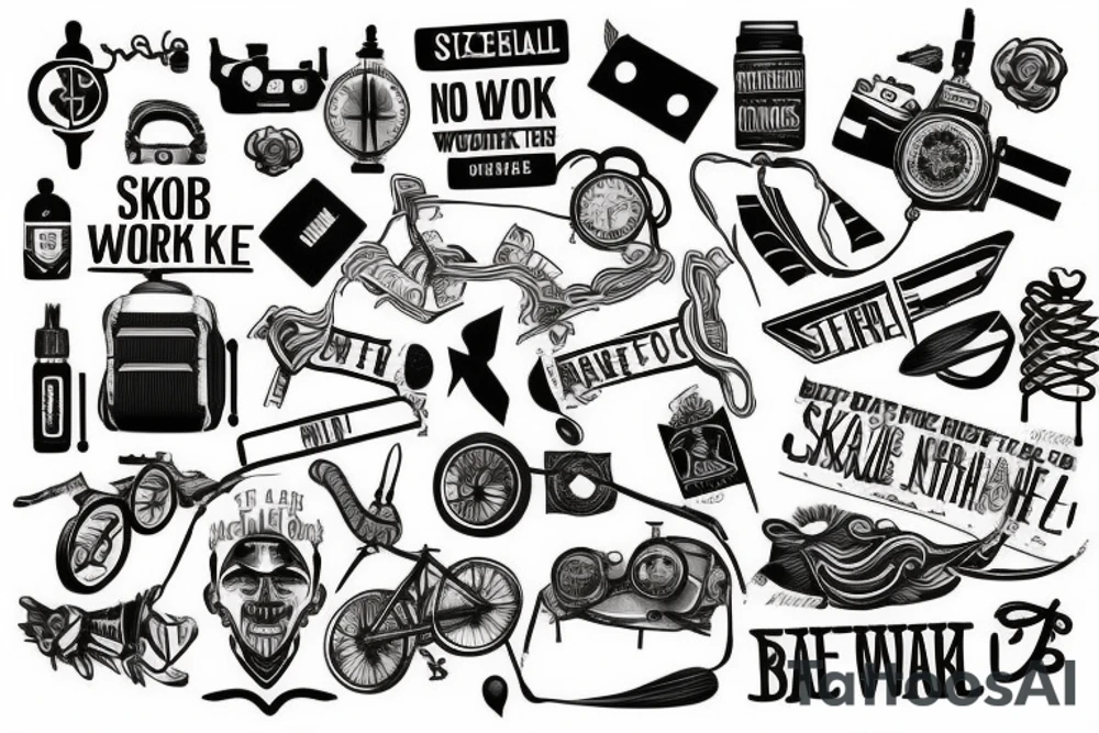 Tattoo depicting travel, fitness and work. Along with that it should say never be regular tattoo idea