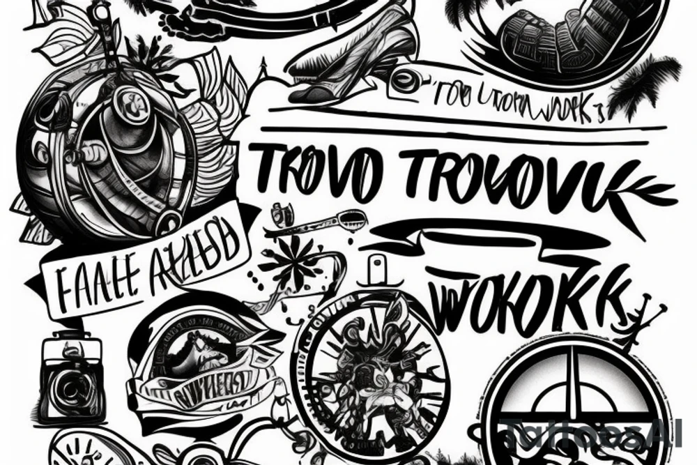 Tattoo depicting travel, fitness and work. Along with that it should say never be regular tattoo idea