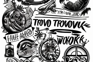 Tattoo depicting travel, fitness and work. Along with that it should say never be regular tattoo idea
