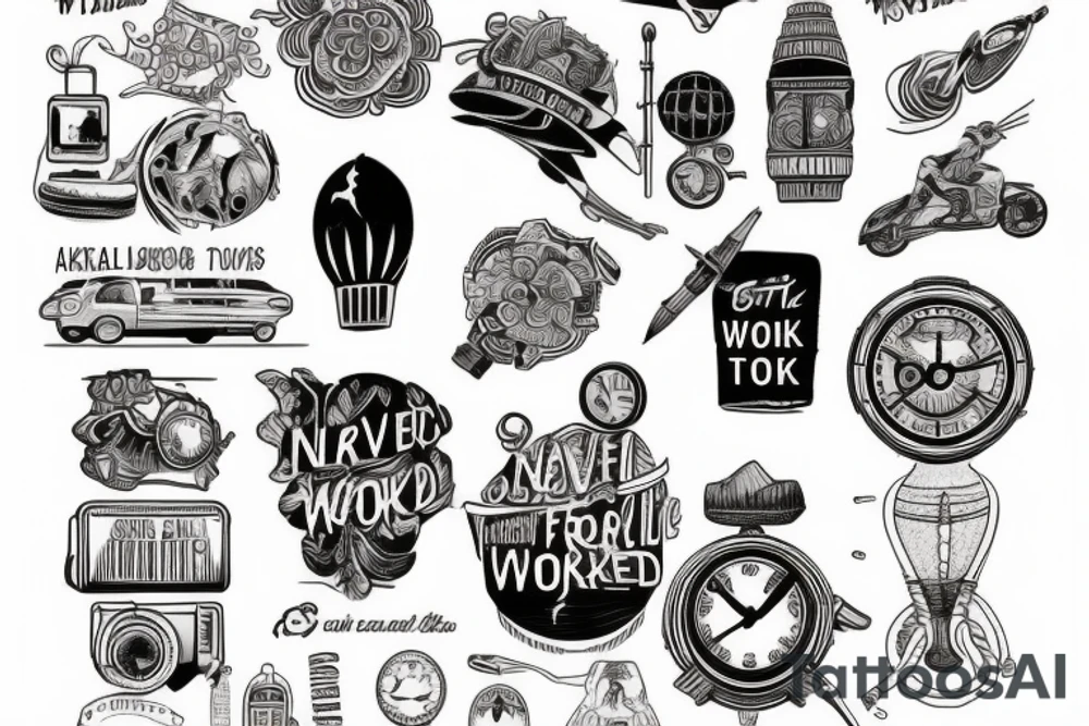 Tattoo depicting travel, fitness and work. Along with that it should say never be regular tattoo idea