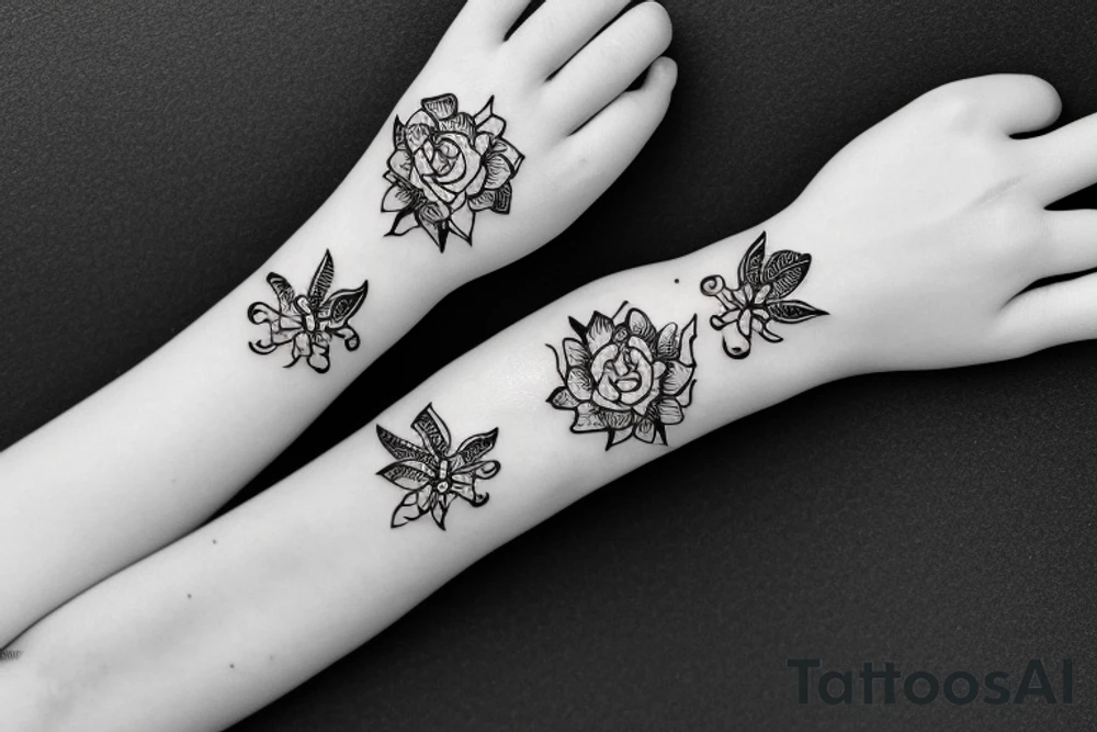 Flowers bracelet and two filled lines for wrist tattoo idea