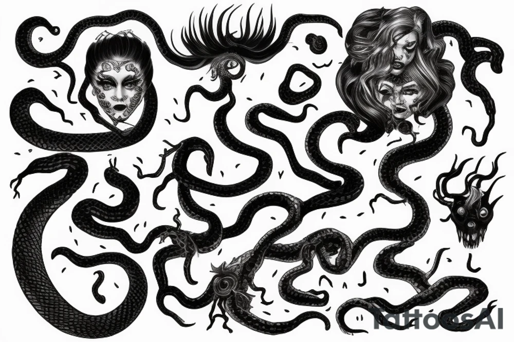 Medusa staring into chaos, black hole, screaming with hundred of snake-heads tattoo idea