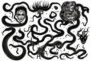 Medusa staring into chaos, black hole, screaming with hundred of snake-heads tattoo idea