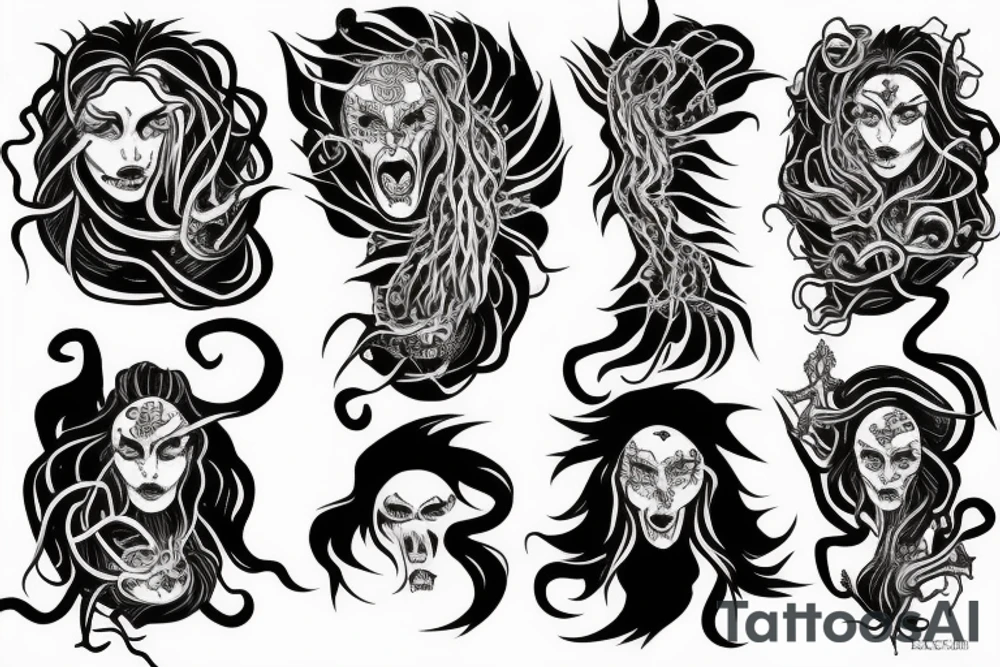 Medusa staring into chaos, black hole, screaming with hundred of snake-heads tattoo idea