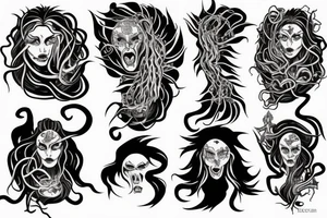 Medusa staring into chaos, black hole, screaming with hundred of snake-heads tattoo idea