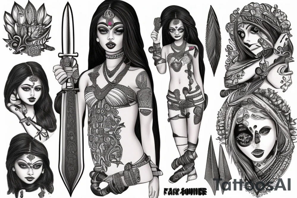 Indian girl with a dagger in her hands tattoo idea