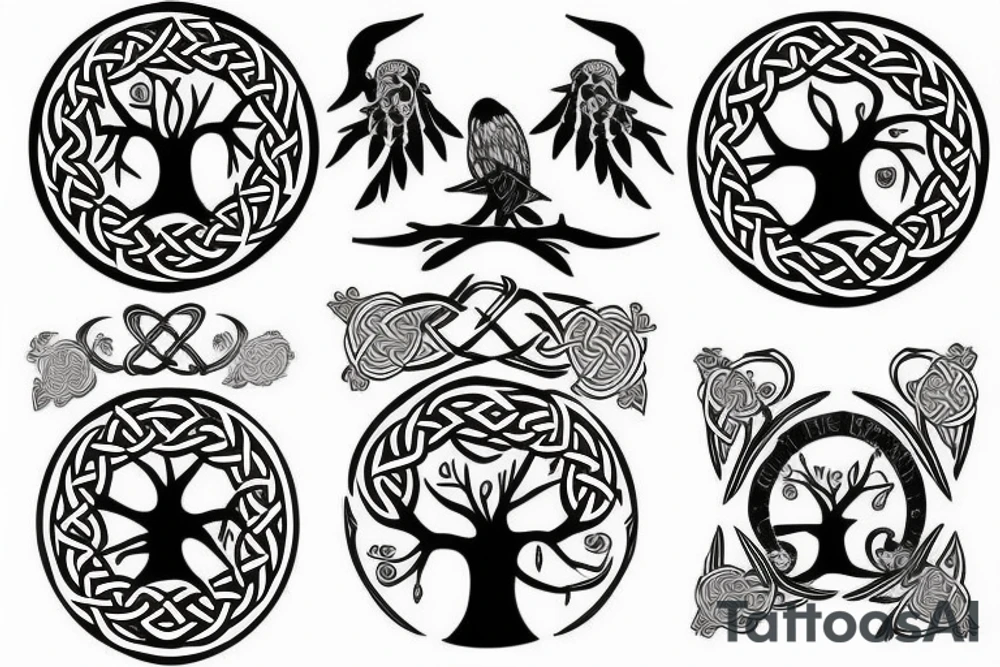 Celtic tree with two black crows tattoo idea