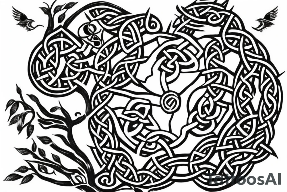 Celtic tree with two black crows tattoo idea