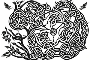 Celtic tree with two black crows tattoo idea