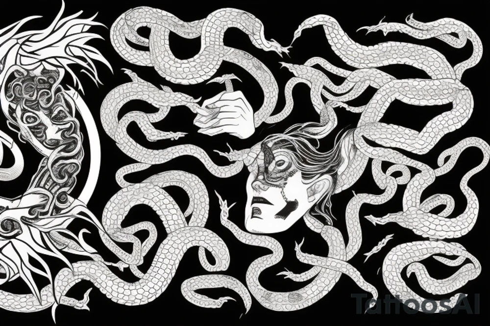 Medusa staring into chaos, black hole, screaming with hundred of snake-heads tattoo idea