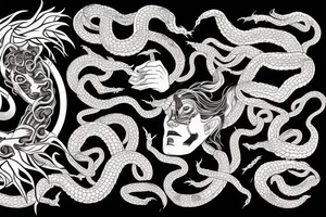 Medusa staring into chaos, black hole, screaming with hundred of snake-heads tattoo idea