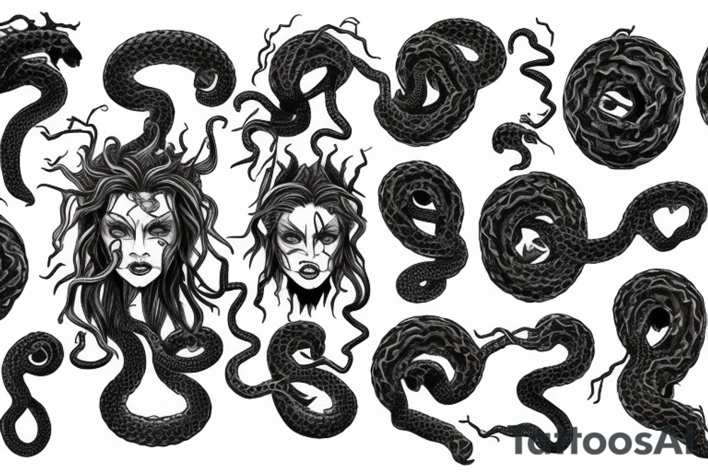 Medusa staring into chaos, black hole, screaming with hundred of snake-heads tattoo idea