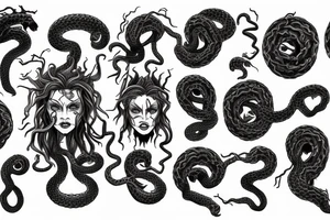Medusa staring into chaos, black hole, screaming with hundred of snake-heads tattoo idea