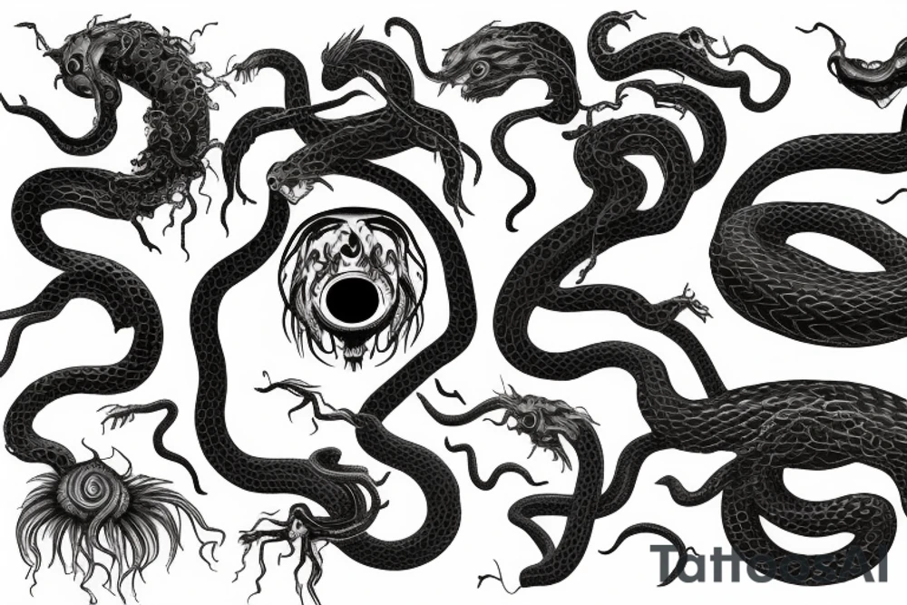 Medusa staring into chaos, black hole, screaming with hundred of snake-heads tattoo idea