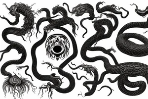 Medusa staring into chaos, black hole, screaming with hundred of snake-heads tattoo idea