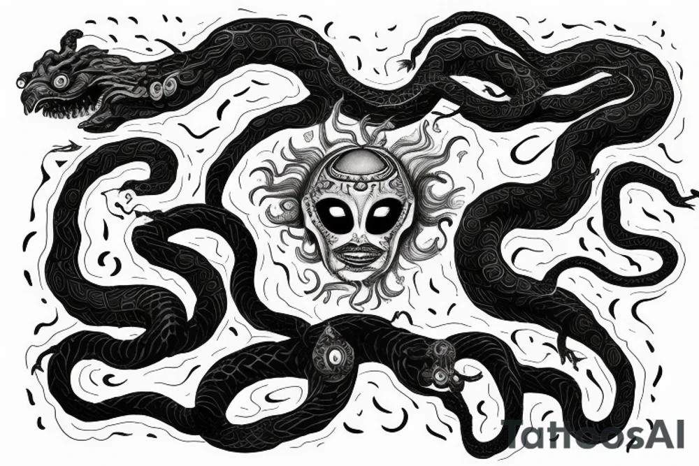 Medusa staring into chaos, black hole, screaming with hundred of snake-heads tattoo idea