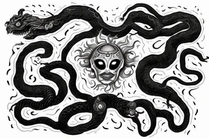 Medusa staring into chaos, black hole, screaming with hundred of snake-heads tattoo idea