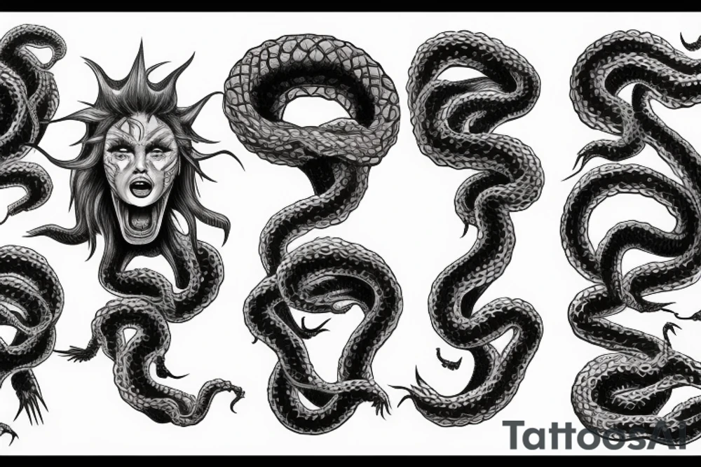 Medusa staring into chaos, black hole, screaming with hundred of snake-heads tattoo idea
