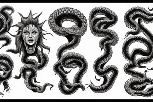 Medusa staring into chaos, black hole, screaming with hundred of snake-heads tattoo idea