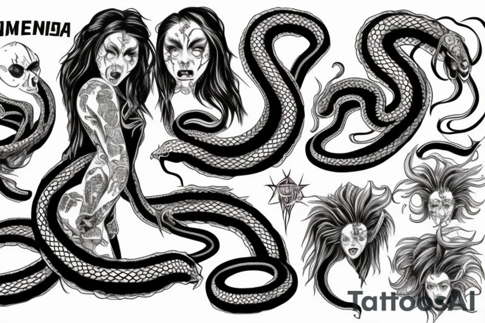 Medusa staring into chaos, black hole, screaming with hundred of snake-heads tattoo idea