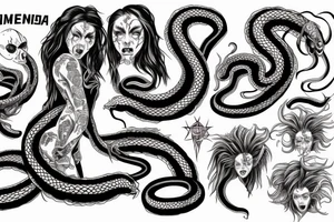 Medusa staring into chaos, black hole, screaming with hundred of snake-heads tattoo idea